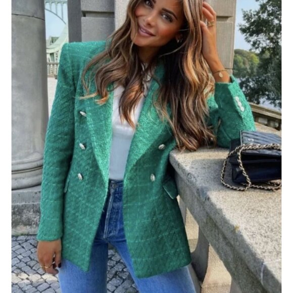 Zara Textured Double Breasted Blazer Coat Jacket Gold Button Green Plaid Large - Picture 3 of 16